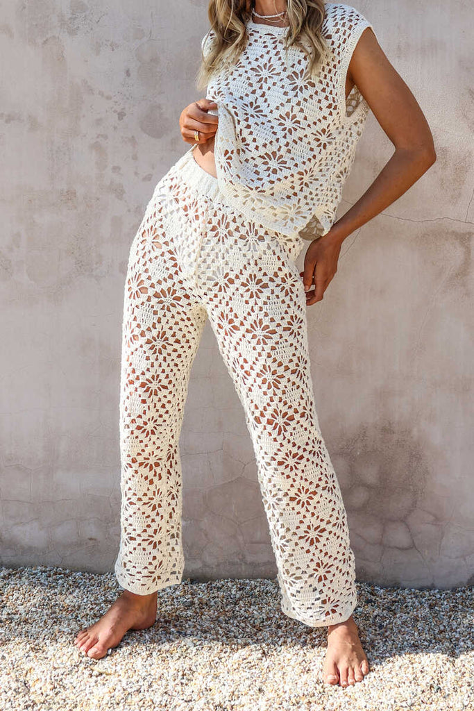 womens cream crochet pant front view 