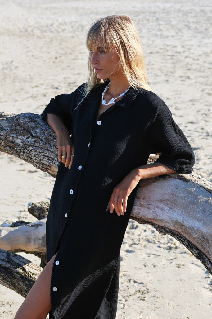 womens black button up midi dress cotton linen blend front view