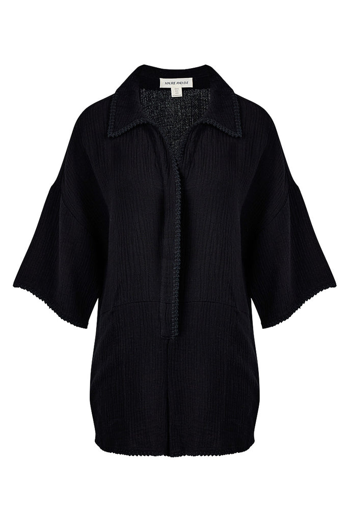 Womens cotton linen blend jumpsuit black  front view