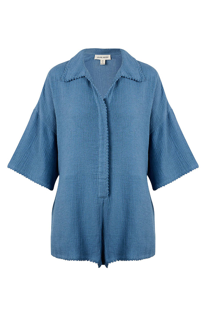 womens shell button jumpsuit stone blue hue front view