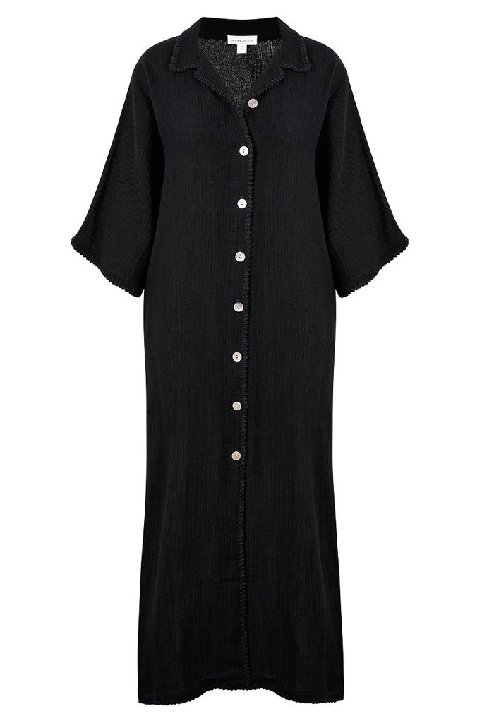 womens black button up midi dress cotton linen blend front view