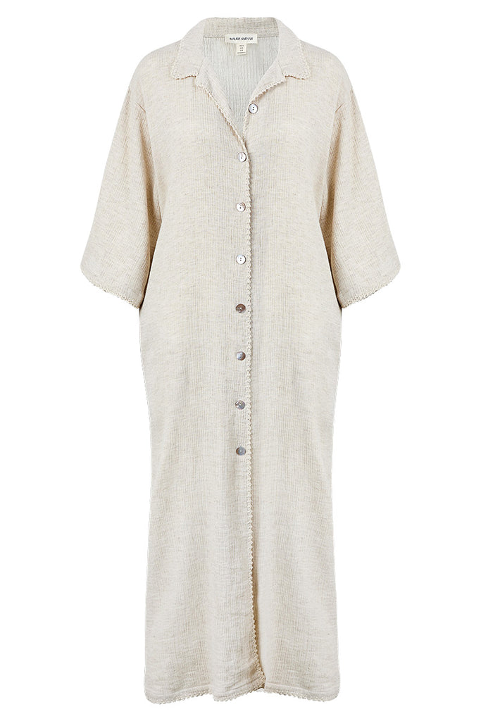 womens natural button up midi dress cotton linen blend front view