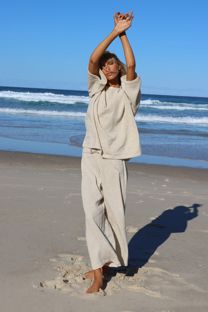 womens natural elasticated waist pant cotton linen blend front view