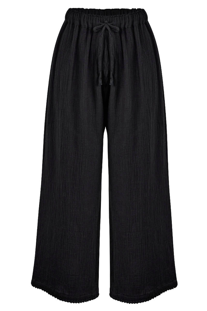 womens black elasticated waist pant cotton linen blend front view
