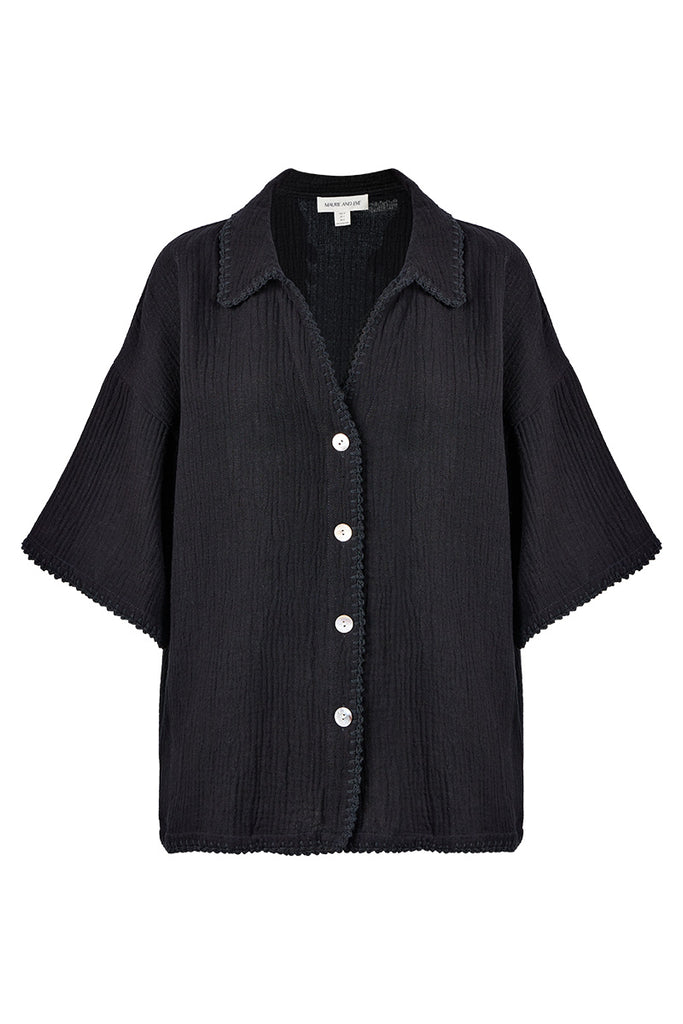 womens black button up collared shirt front view 