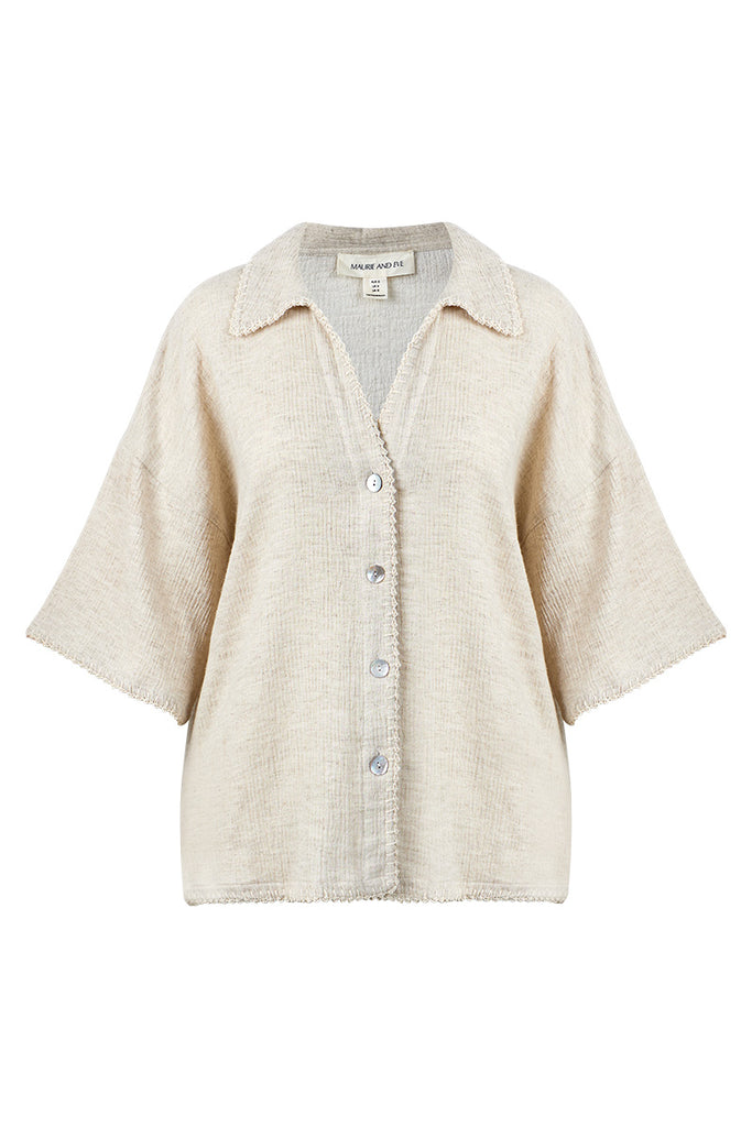 womens natural button up collared shirt front view 