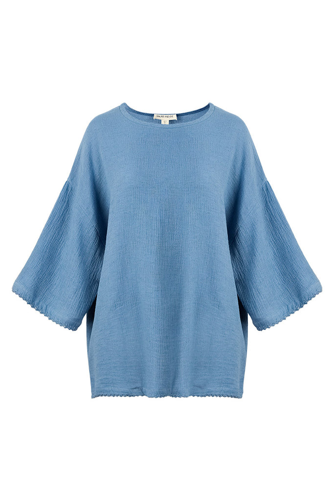 womens high neck stone blue hue top front view