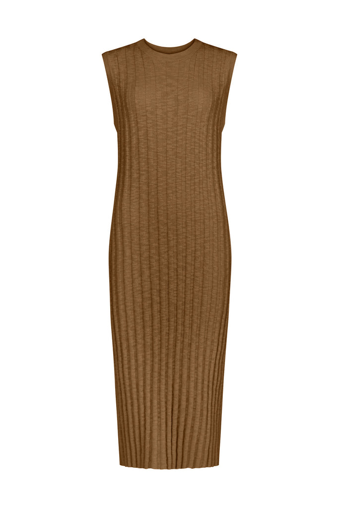 organic cotton tan rib knit maxi dress front view
