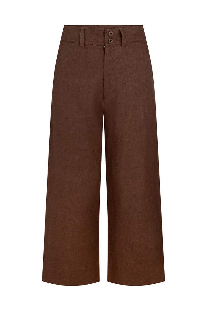 womens brown linen fixed waist pant with belt loop
