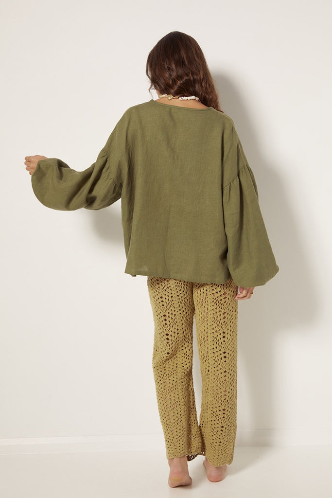 womens long sleeve blouse with crochet pocket khaki 