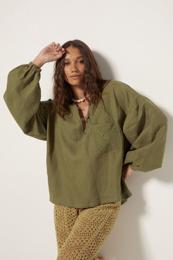womens long sleeve blouse with crochet pocket khaki womens linen long sleeve blouse khaki 
