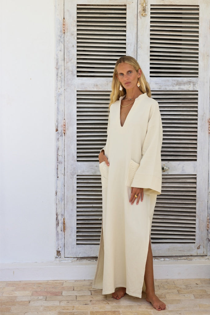womens long sleeve maxi dress crochet pockets cream 