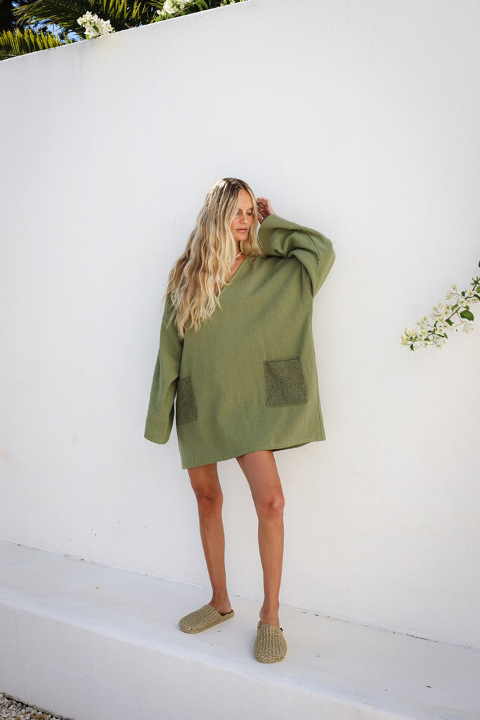 womens long sleeve mini dress crochet feature khaki