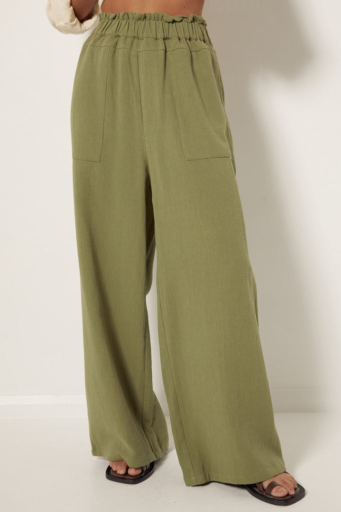 womens elasticated waist pant with pockets Khaki