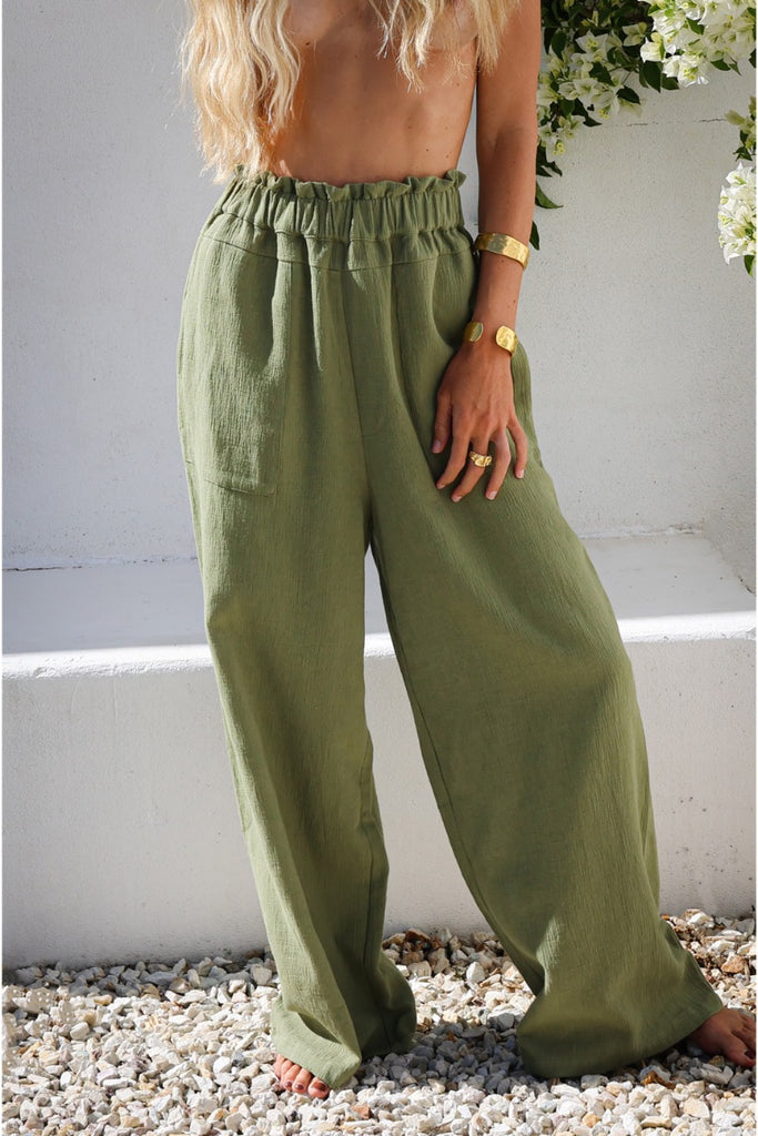 womens elasticated waist pant with pockets Khaki
