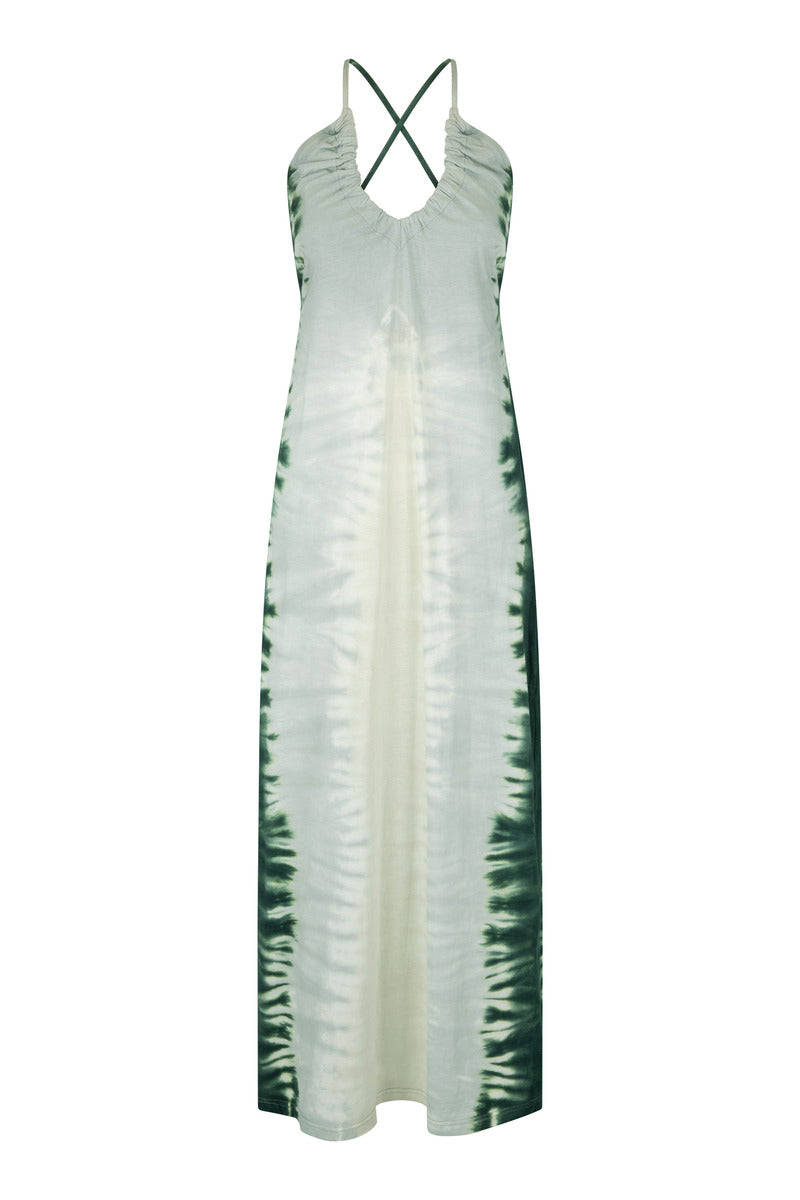 Womens tie dye green cotton hemp backless maxi dress 