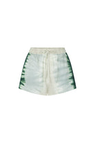 Tie-dye shorts with a white and green pattern on a white background