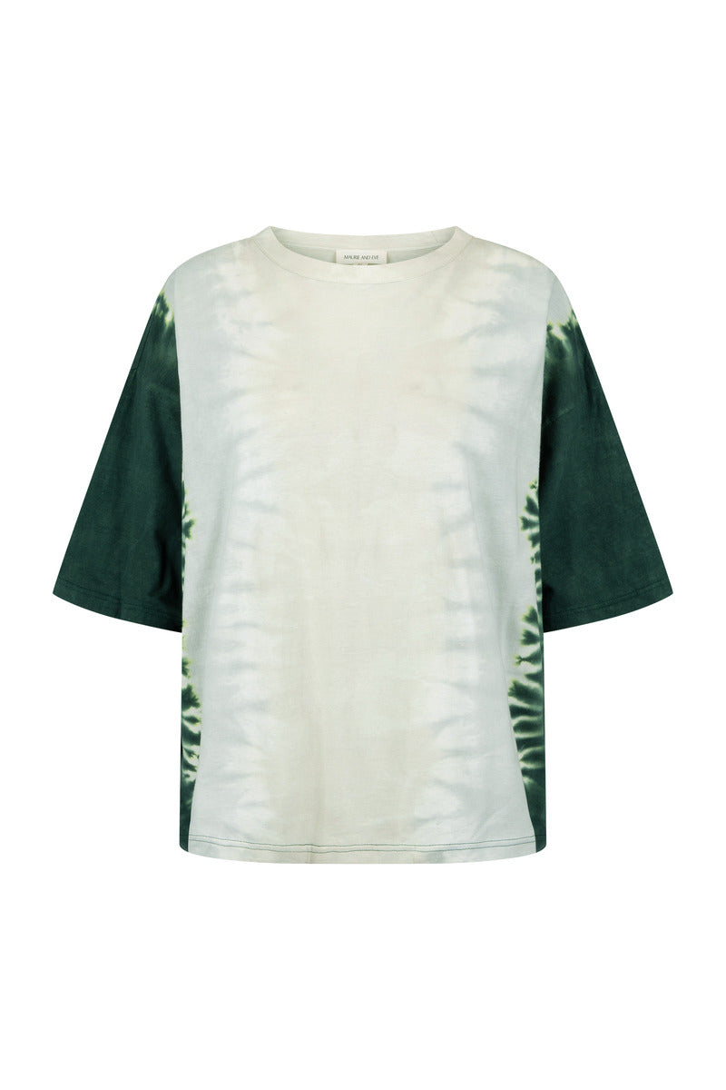 Tie-dye t-shirt with green and white pattern on a white background