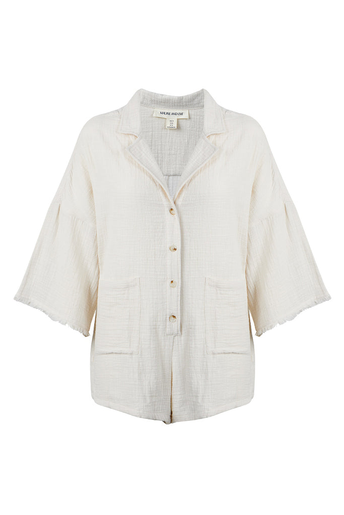 womens texture cream jumpsuit shell buttons front view
