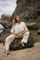 womens cotton hemp tie dye taupe pant, styled with the matching tee, front view