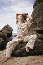 womens cotton hemp tie dye taupe tee styled with matching pant, front view