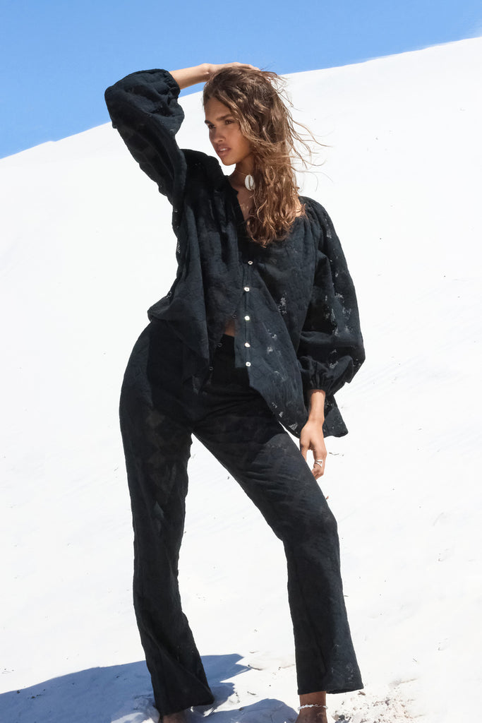 womens cotton lace blouse and pant black front view