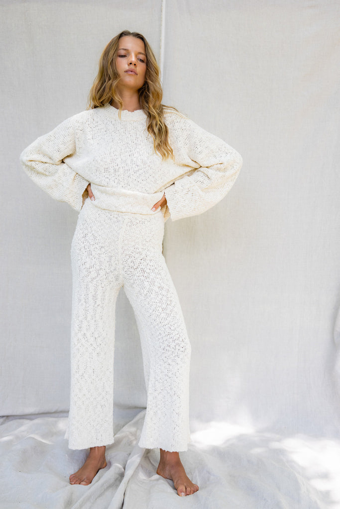 womens flared white knit pant 