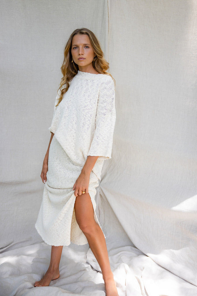 womens white cotton knit maxi skirt front view 