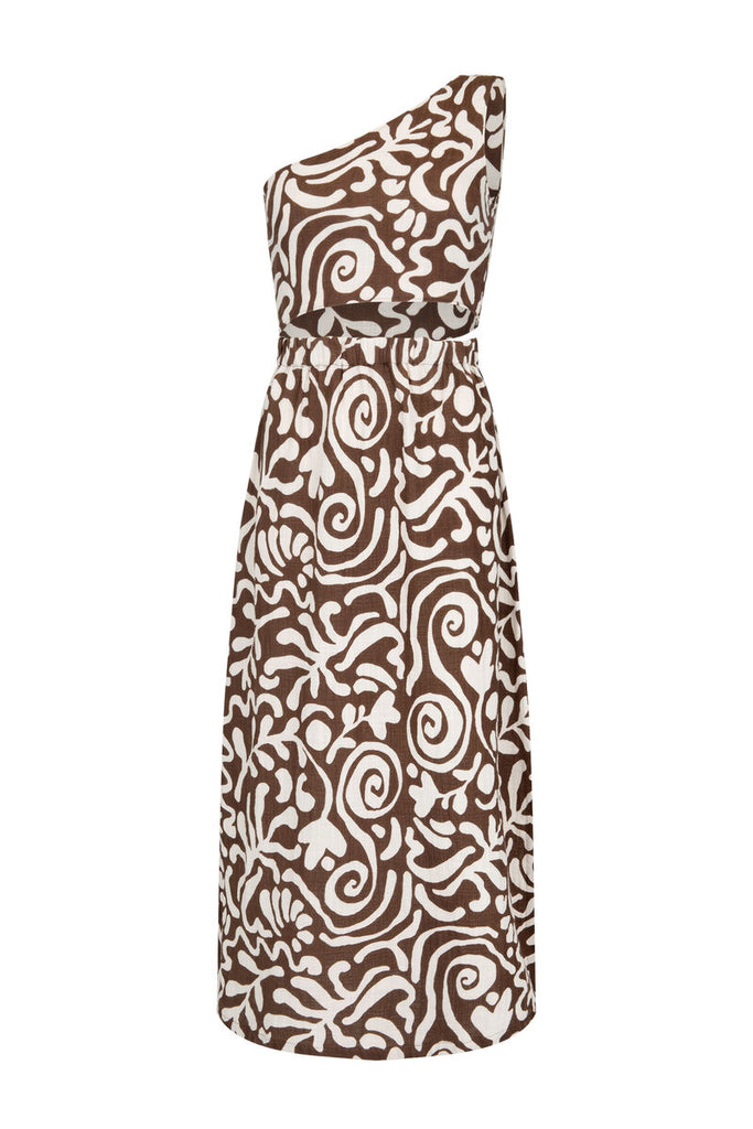 womens brown print coral cotton dress front view