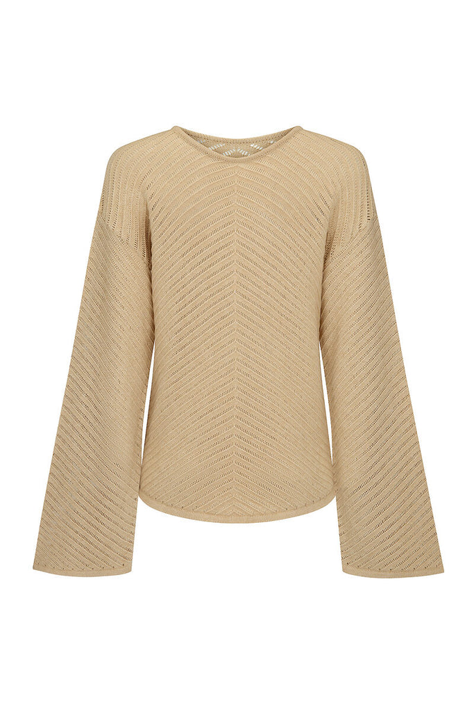 womens cotton beige long sleeve knit top front view