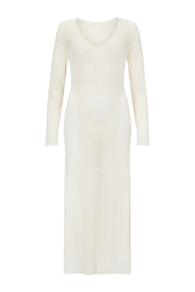 women's cotton linen blend crean knit maxi dress front view