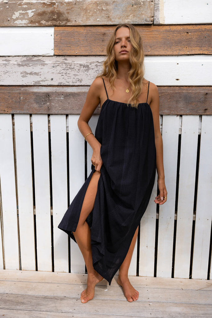 cotton black maxi dress front view