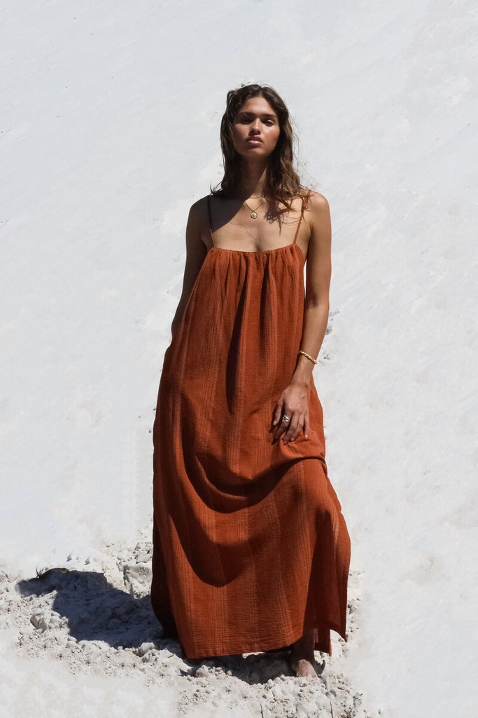 womens thin strap cotton textured maxi dress tan
