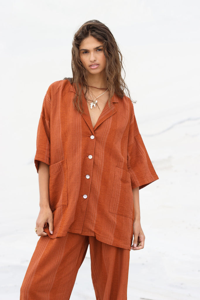 womens tan cotton texture shirt front view