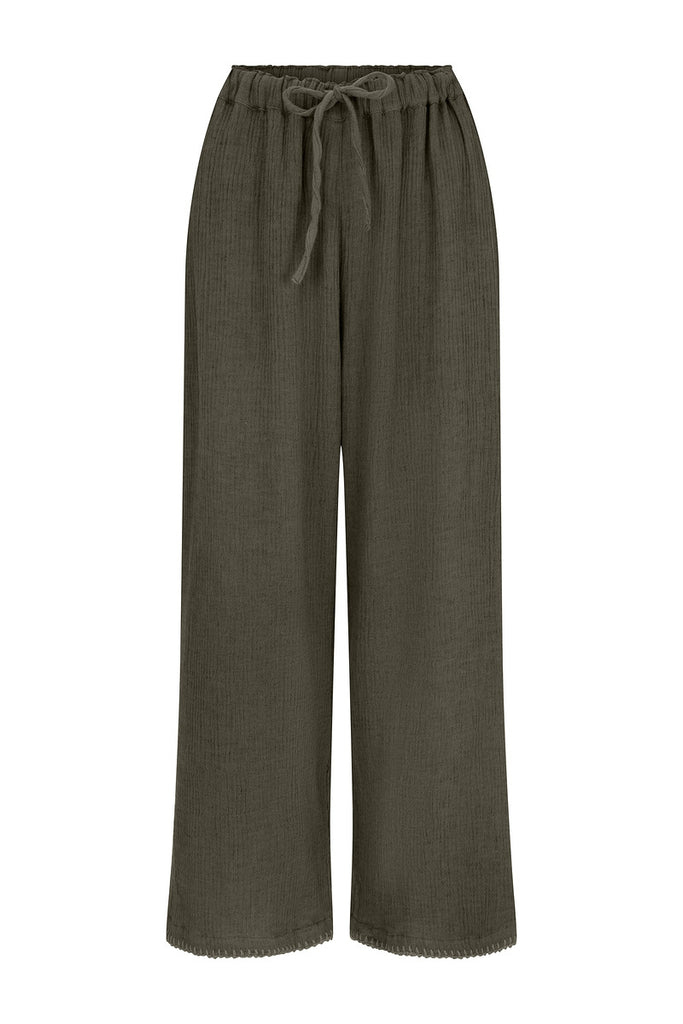 Womens charcoal cotton drawstring pant front view