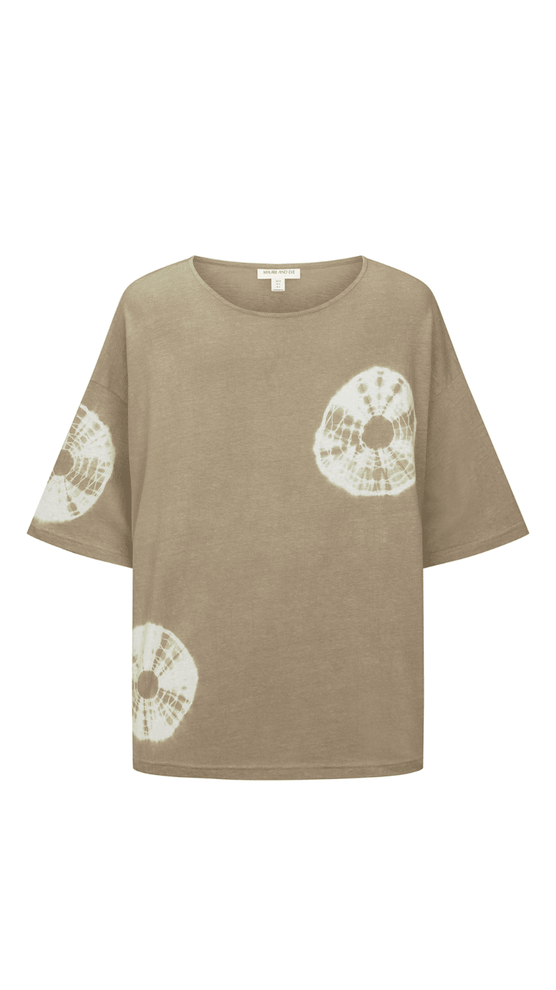 Womens cotton hemp tie dye taupe tee, ghost imagery