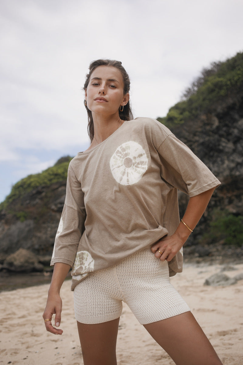 Womens cotton hemp tie dye taupe tee, styled with knit short, front view