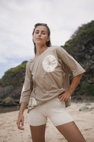 womens cotton hemp tie dye taupe tee styled with matching knit short, front view
