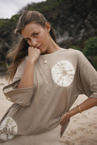 Womens cotton hemp tie dye taupe tee, close up 