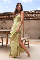 women's green tie dye silky maxi dress front view