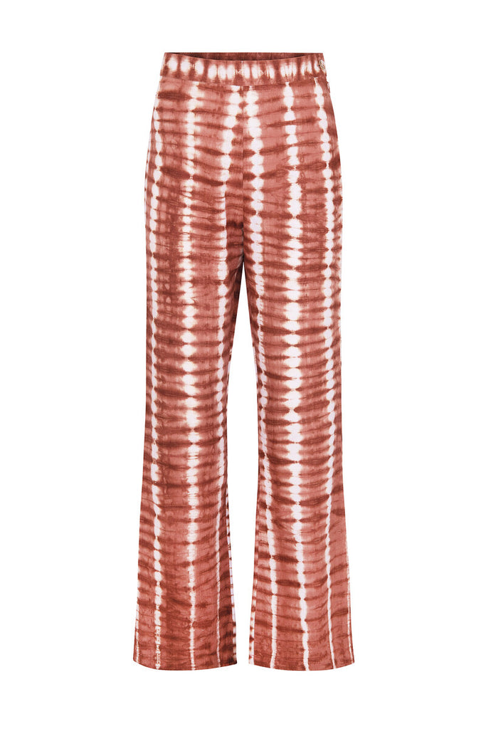 womens thin linen fixed waist tie dye rust pant front view
