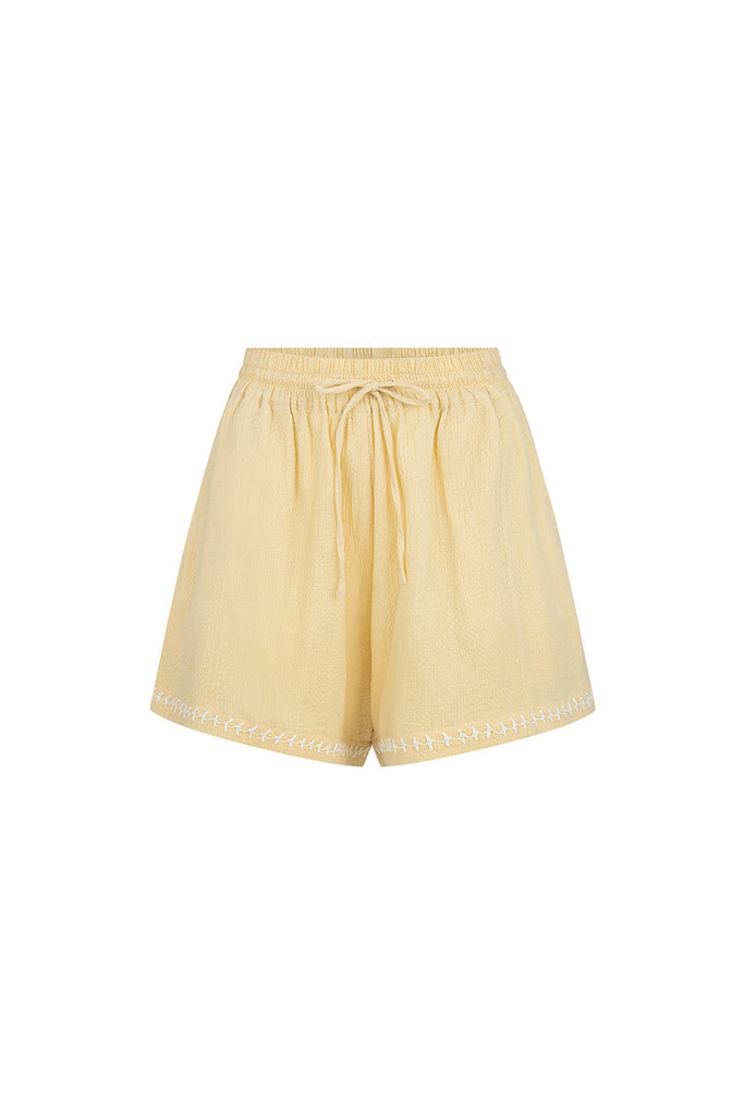 womens yellow cotton drawstring short front view