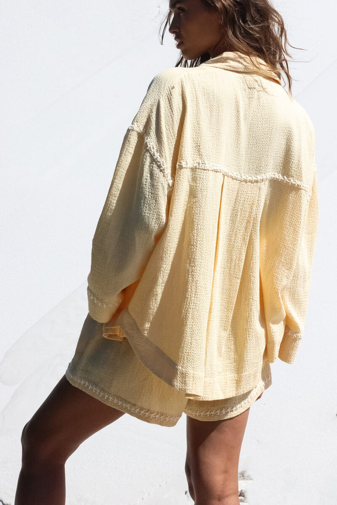 womens yellow cotton drawstring short back view