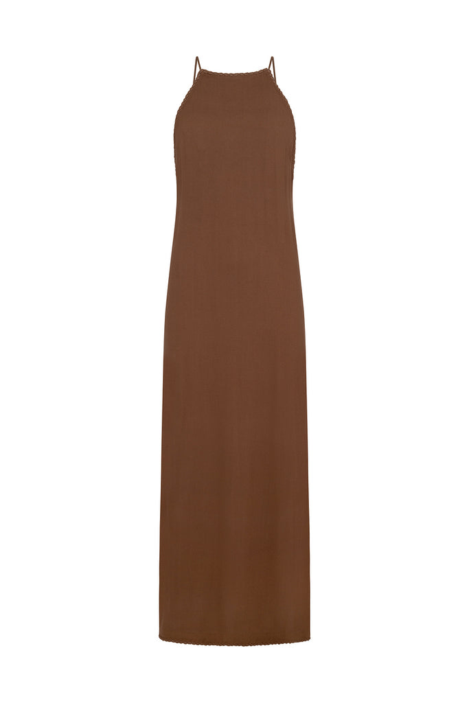 womens high neck cotton backless maxi dress brown front view
