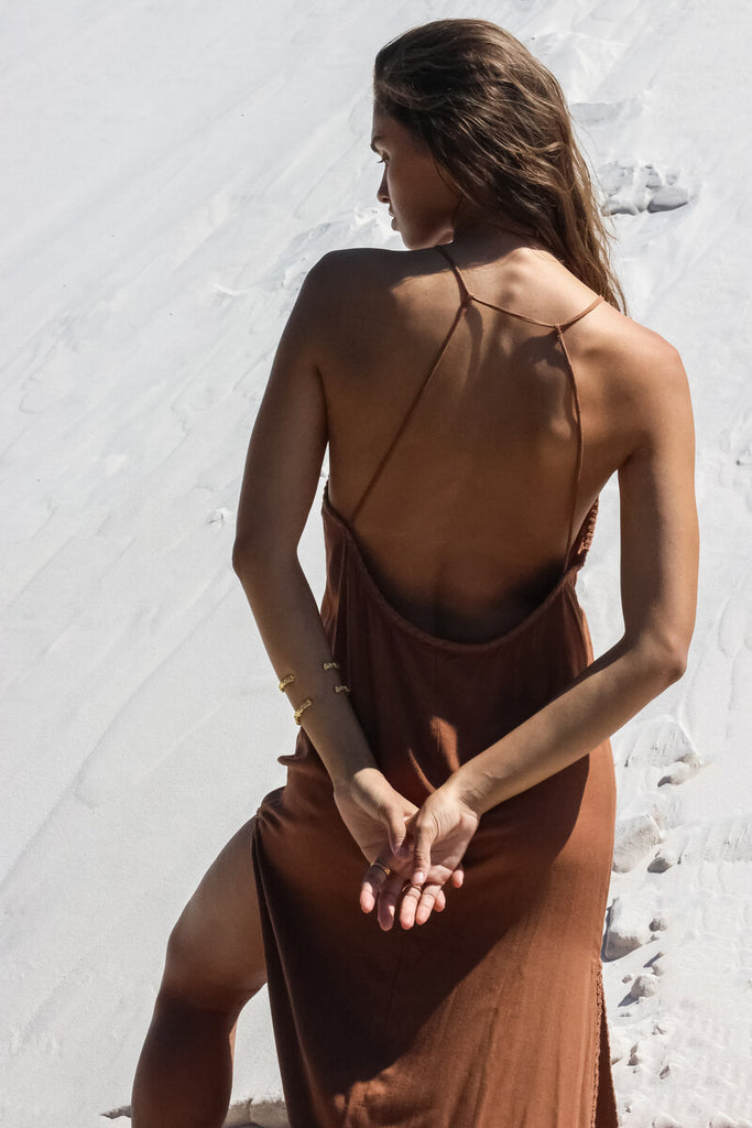 womens high neck cotton backless maxi dress brown back view