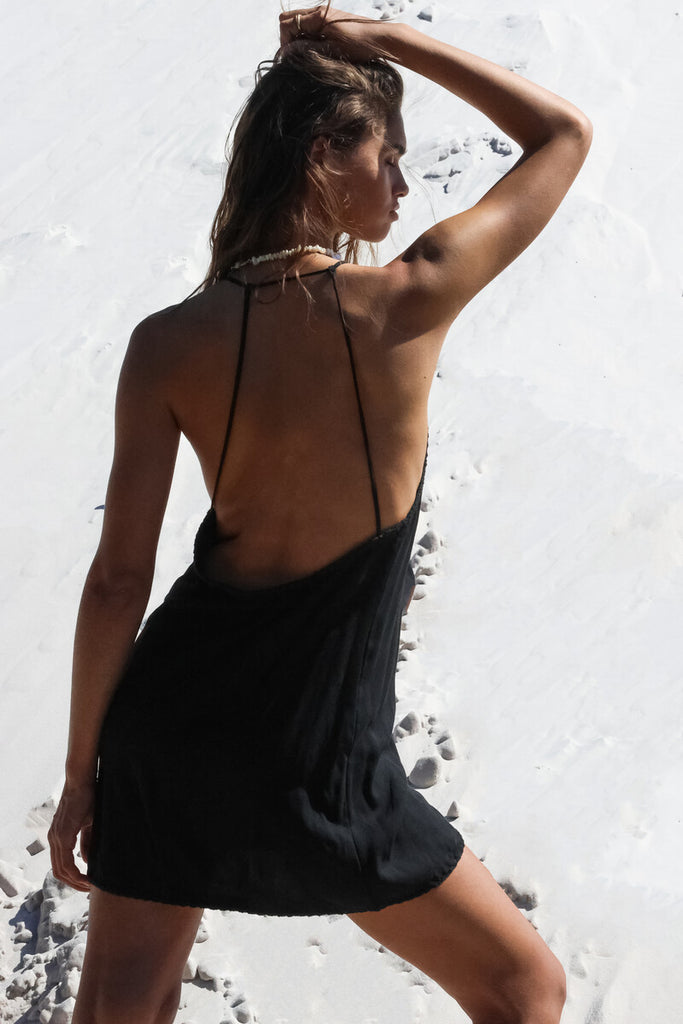 womens black backless cotton mini dress back view