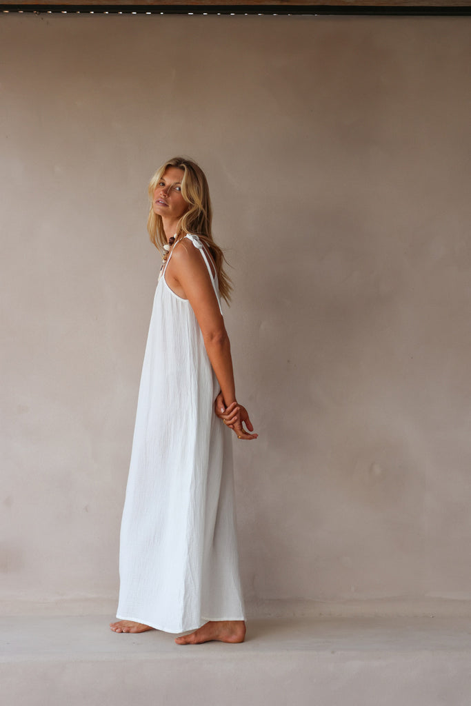women's white cotton maxi dress side view 
