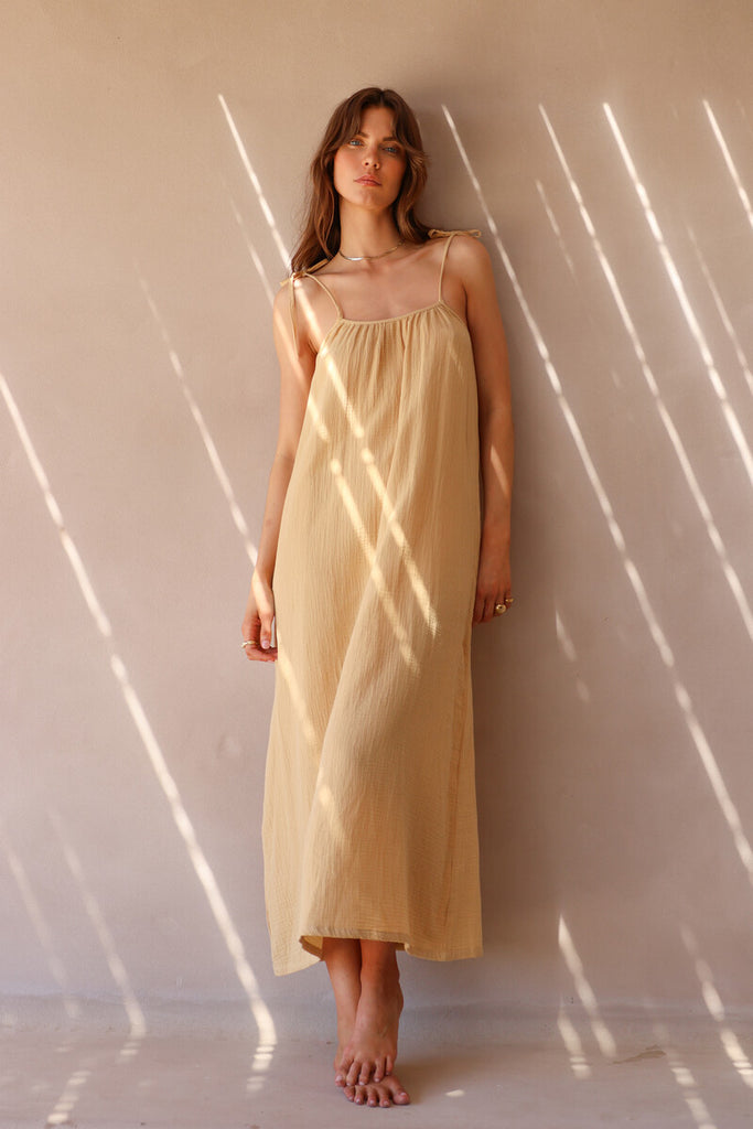 womens maxi dress with adjustable ties front view
