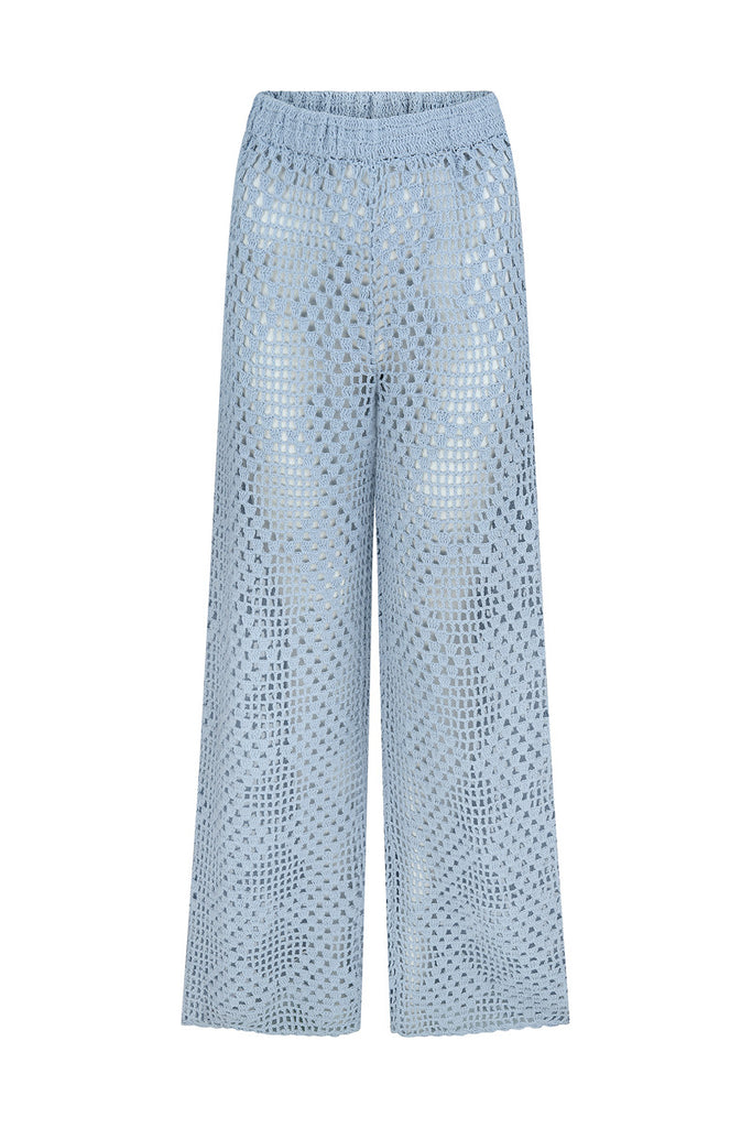 Sky blue cotton crochet high waisted pant front view