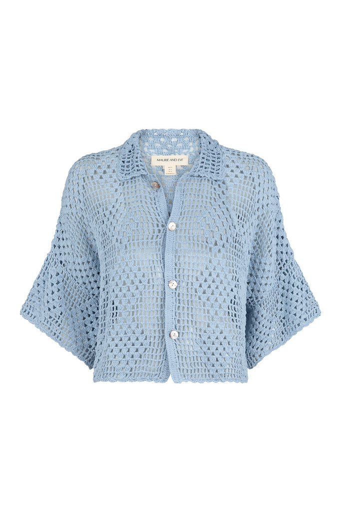 sky blue cotton cropped crochet shirt  front view